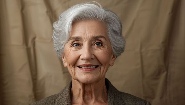 Smiling confident senior woman with silver hair and brown blazer on studio beige backdrop