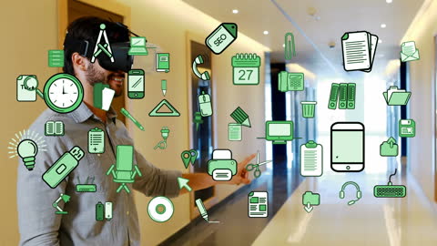 Business Executive Utilizing VR with Floating Digital Icons