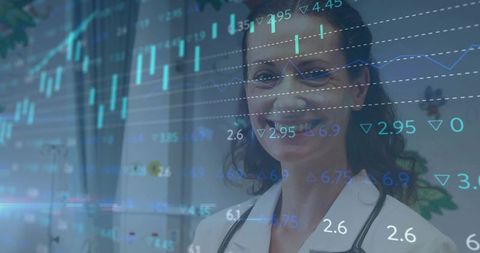 Physician analyzing financial clinical data overlay with analytics charts and dashboard