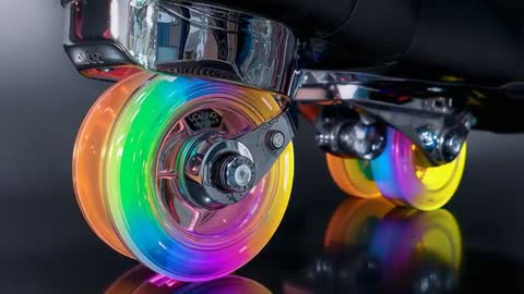 Rotating Rainbow LED Roller Skate Wheel Close-Up Video With Chrome Bearings and Reflection