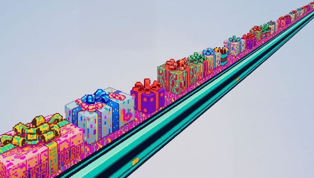 Neon pixel-art gift conveyor with colorful wrapped presents sliding on retro teal rails