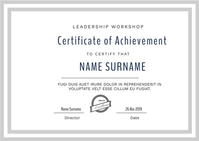 This professional certificate of achievement template is perfect for recognizing accomplishments in leadership workshops and seminars. It features a clean design with editable fields for recipient name, director, and date. Ideal for businesses, educational institutions, and training organizations seeking to honor and motivate attendees, employees, or students.