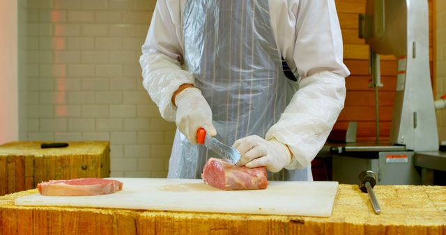 Butcher Cutting Meat with Knife on Wooden Counter - Download Free Stock Images Pikwizard.com