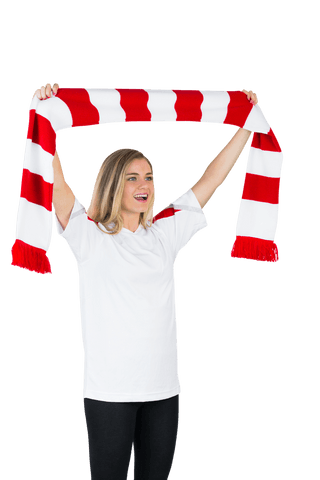 Woman with red and white scarf cheering, isolated transparent background
