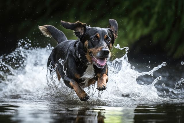 Black dog running in water over grass created using generative ai technology. Animals, pets and nature concept digitally generated image.
