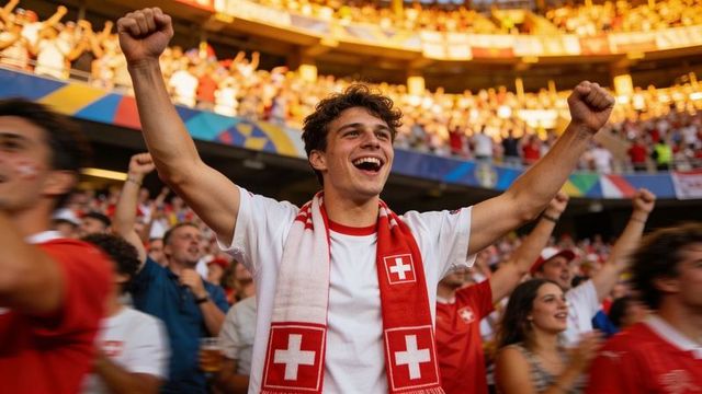 Young swiss fan cheering with arms raised wearing red scarf with white crosses in stadium