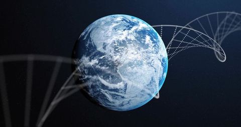 Rotating earth with dna helix linking global data streams and satellite networks in space