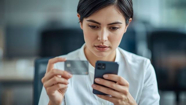 Focused Asian Woman Using Credit Card with Smartphone in Office Workspace