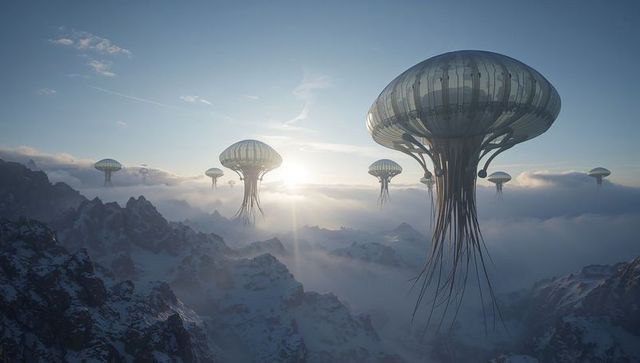Hovering translucent dome cities drifting above snowy alpine ridges at sunrise cinematic