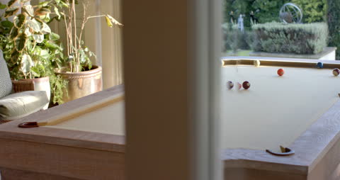 Slow Motion Pool Game in Sunny Room with Indoor Plants