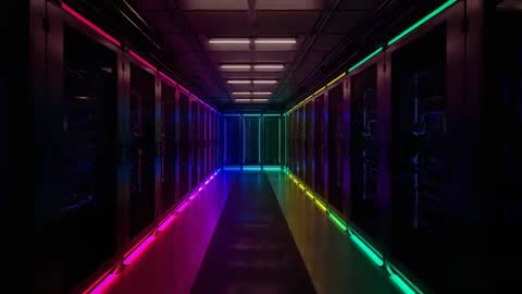 Futuristic Data Center Corridor with Colorful LED Lights