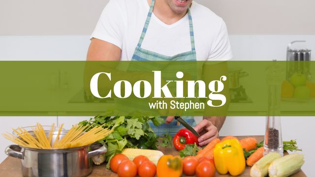 Composite of cooking with stephen text over hands of caucasian man cutting vegetables - Download Free Stock Videos Pikwizard.com