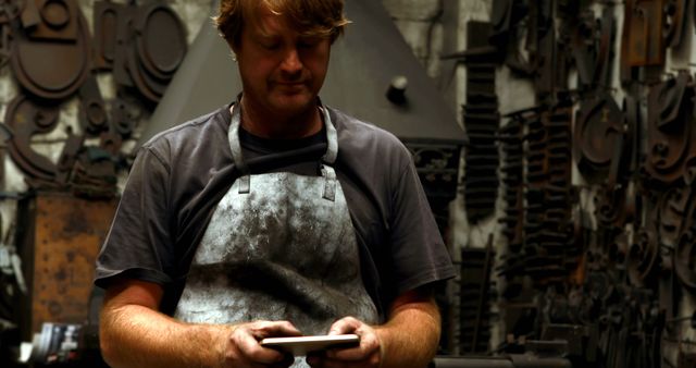 Blacksmith holding metal piece in workshop with tools in background - Download Free Stock Images Pikwizard.com