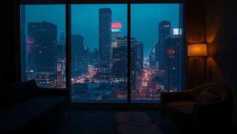 Framing Rain-Speckled City Skyline Through Floor-to-Ceiling Lounge Window at Night