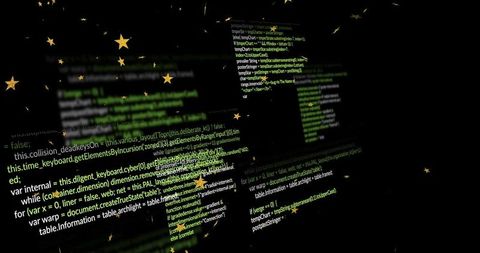 Futuristic neon code panels with green syntax and gold star overlay, abstract depth