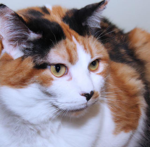 Close-up view of a relaxed calico cat with distinctive orange and black fur. The cat is looking to the side with a calm expression. This image can be used for cat breed guides, pet care articles, or promotional materials for pet products. It showcases the beauty and serenity of domestic feline pets.