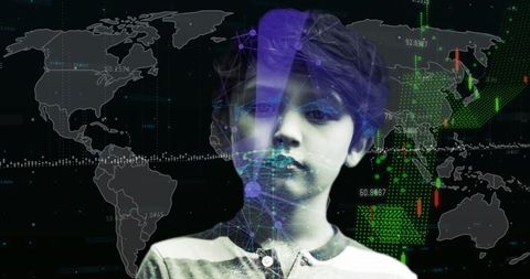 Futuristic data visualization with boy and global connectivity overlay