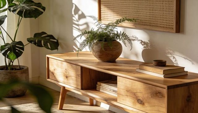 Sunlit mid-century console casting fern shadows with warm woodgrain and cane detail
