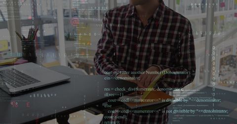 programmer working in modern office creative setting with code overlay - Download Free Stock Images Pikwizard.com