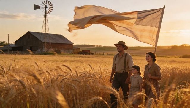 Family walking through golden wheat field carrying large flowing flag at sunset