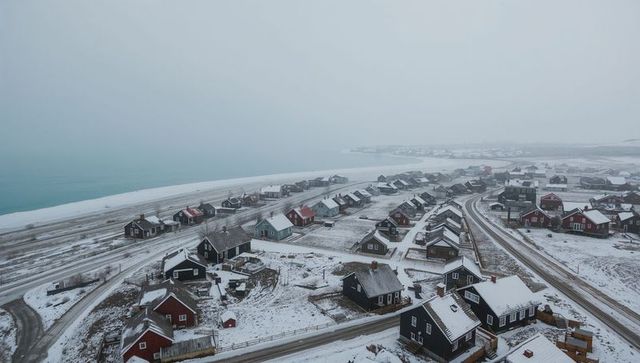 Snow-dusted cottages forming rows along misty coastal village with winding roads and sea
