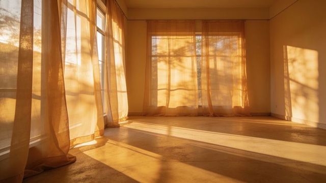 Golden morning light filtering through sheer curtains casting long shadows on studio floor