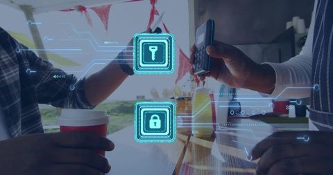 Contactless mobile payment at outdoor coffee counter with digital security hud overlay
