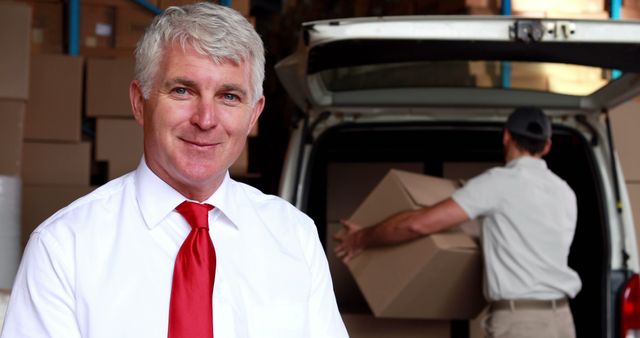 Senior Manager Overseeing Warehouse Packer Loading Van with Boxes - Download Free Stock Images Pikwizard.com