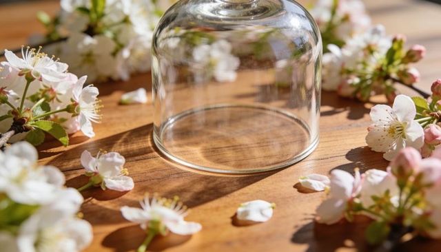 Sunlit glass cloche casting warm shadows on wooden table with delicate blossoms