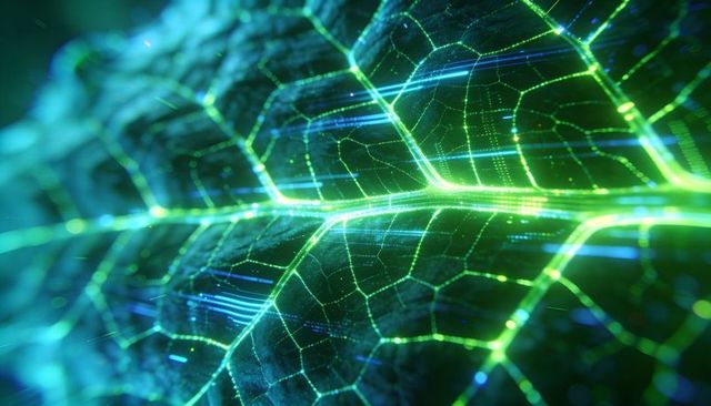 Neon cyber leaf vein network glowing bioluminescent hex lattice with futuristic data flow