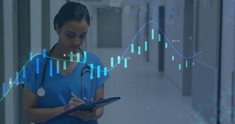 Biracial Female Doctor Analyzing Medical Data on Clipboard in Hospital