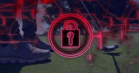 Neon padlock over golf green illustrating digital security in sports technology