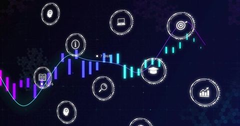 Displaying Neon Financial Dashboard with Candlestick Chart, Line Graph and Data Icons