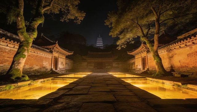 Night-lit temple courtyard with golden reflecting pools and stone walkway to pagoda
