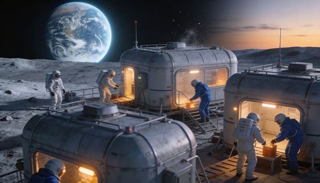 Astronauts inspecting lunar habitat modules under Earthrise on moonbase at dawn, lit pods