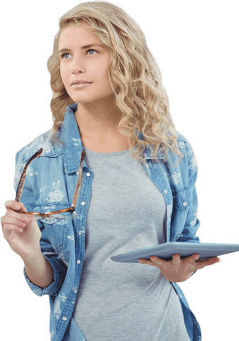 Thoughtful woman holding tablet and glasses in transparent background