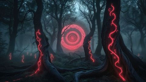 Mysterious demon portal glowing in foggy enchanted forest