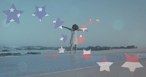 Joyful Woman Celebrating Freedom on Beach with Patriotic Stars