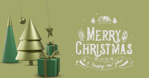 Festive holiday greeting card with green christmas elements