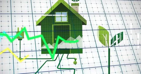Green energy data visualization powering smart home with plant and circuit graphs