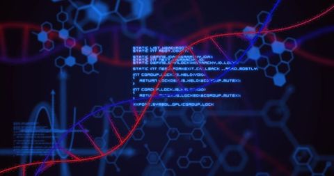 Futuristic DNA Data Visualization with Neon Double Helix and Bioinformatics Code Overlay