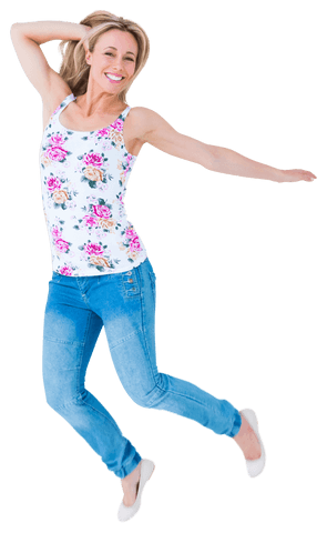 excited woman jumping in floral tank and jeans on transparent background - Download Free Stock Videos Pikwizard.com