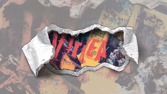 Torn paper aperture revealing vivid graffiti collage with numeral 23 and urban texture