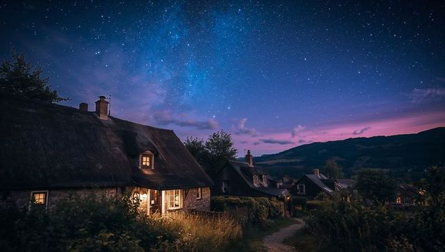 Dusk Serenity in Starlit Village With Thatched-Roof Cottages