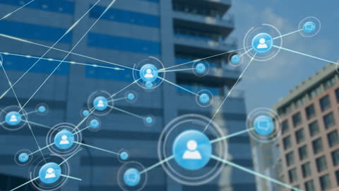 Digital Networking Icons Over Cityscape