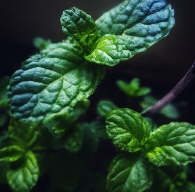 Image of close up of fresh green leaves mint plant on dark background. Plants, herbs and nature concept.