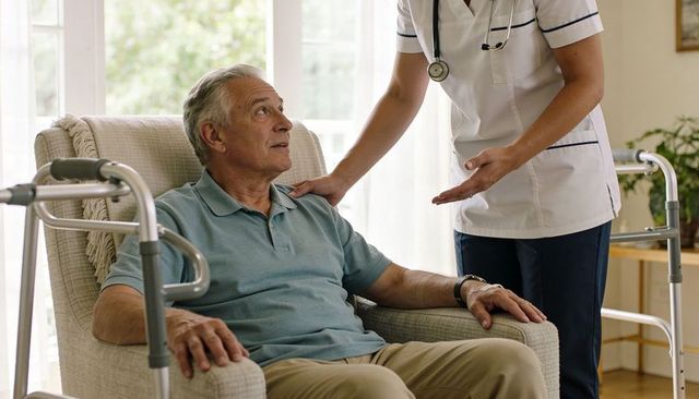 Senior man receiving home nursing care and compassionate support with walker and nurse
