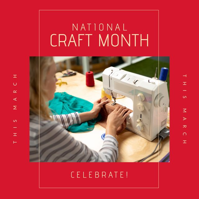 Composition of national craft month text over caucasian woman sewing. National craft month and celebration concept digitally generated image.