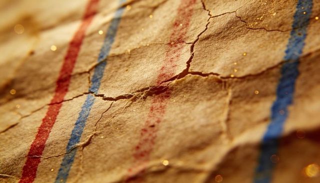 Cracked vintage ruled paper macro showing blue and red lines with golden specks