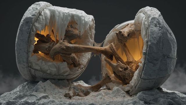 Abstract glowing shells with wooden connectors in modern gallery